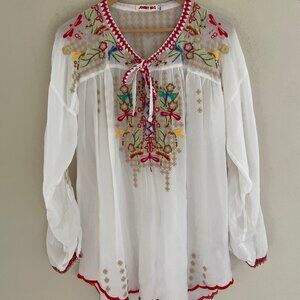 JOHNNY WAS Dragonfly Embroidered White Semi-Sheer Peasant Top: Small; RUNS LARGE